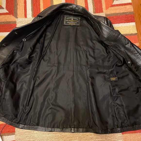 SOLD Express Double Breasted Black Leather Pea Trench Coat Vintage - Picture 7 of 10